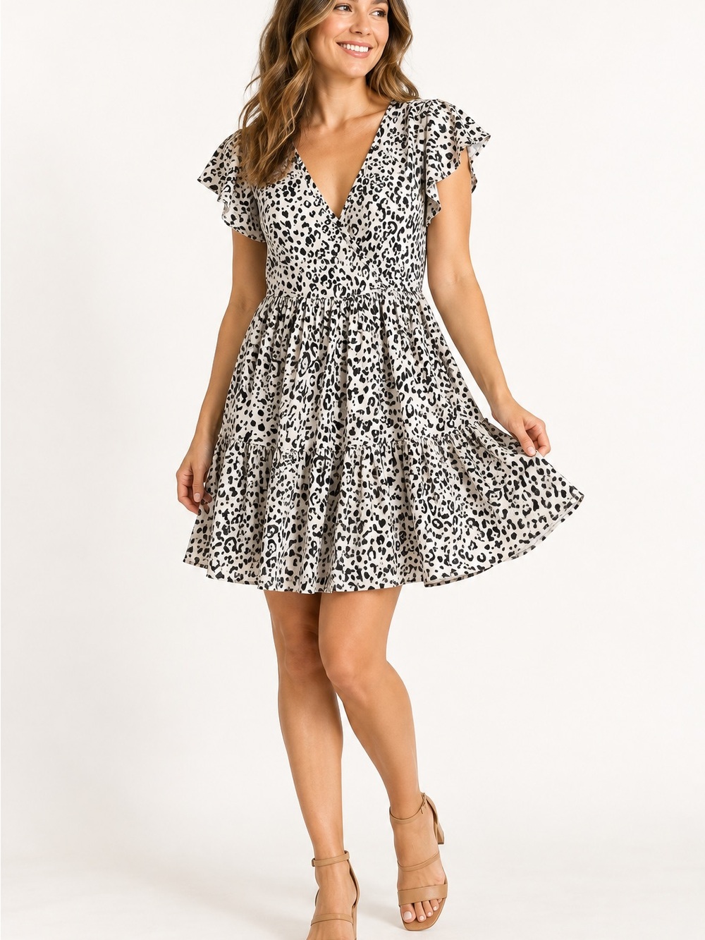 Jessica Simpson Leopard Print Tiered Mini Dress Medium Flutter Sleeve